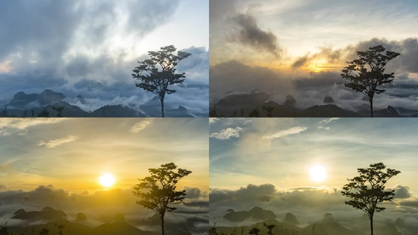 时间流逝的局部山与流的雾在日出，黎明到日出的时间流逝拍摄