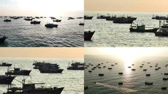 航拍夕阳下的百艘渔船