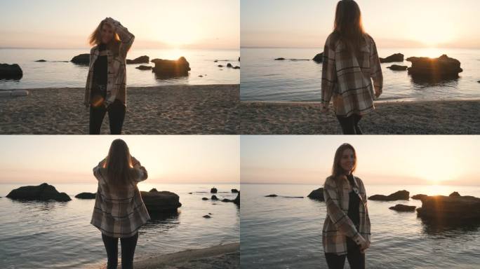 美丽快乐的红发女人在秋天日落或日出时沿着海边奔跑。缓慢的运动。