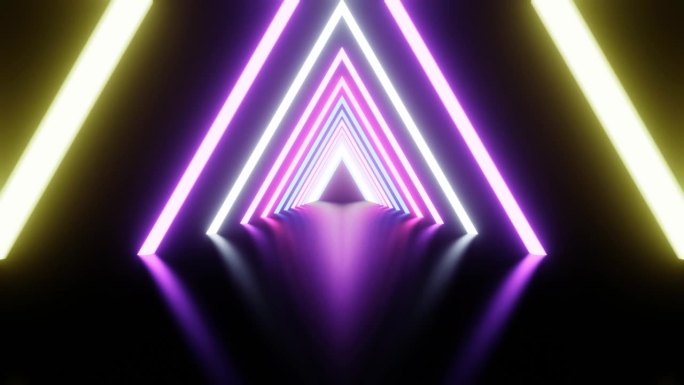 抽象背景霓虹灯发光三角形隧道与粉红色，蓝色和黄色的光线移动。背景是霓虹灯的未来走廊。无缝循环3d渲染