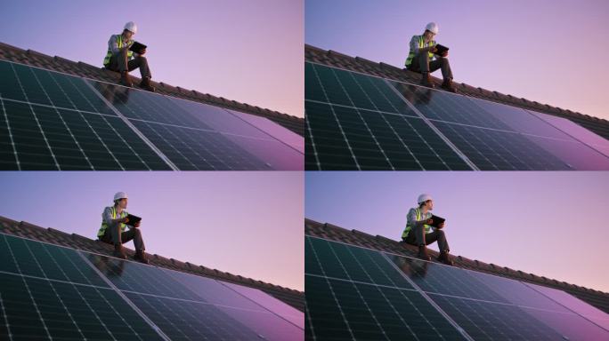 男子，屋顶和太阳能电池板安装与平板电脑，技术和房子在日落清洁能源工作。可持续，电力或电工和承包商在晚