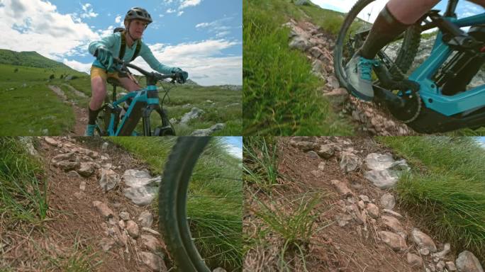 女山地自行车手骑着她的自行车沿着一条多岩石的小路