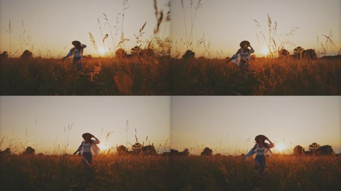 戴着帽子的女人在田野里探险，欣赏日落
