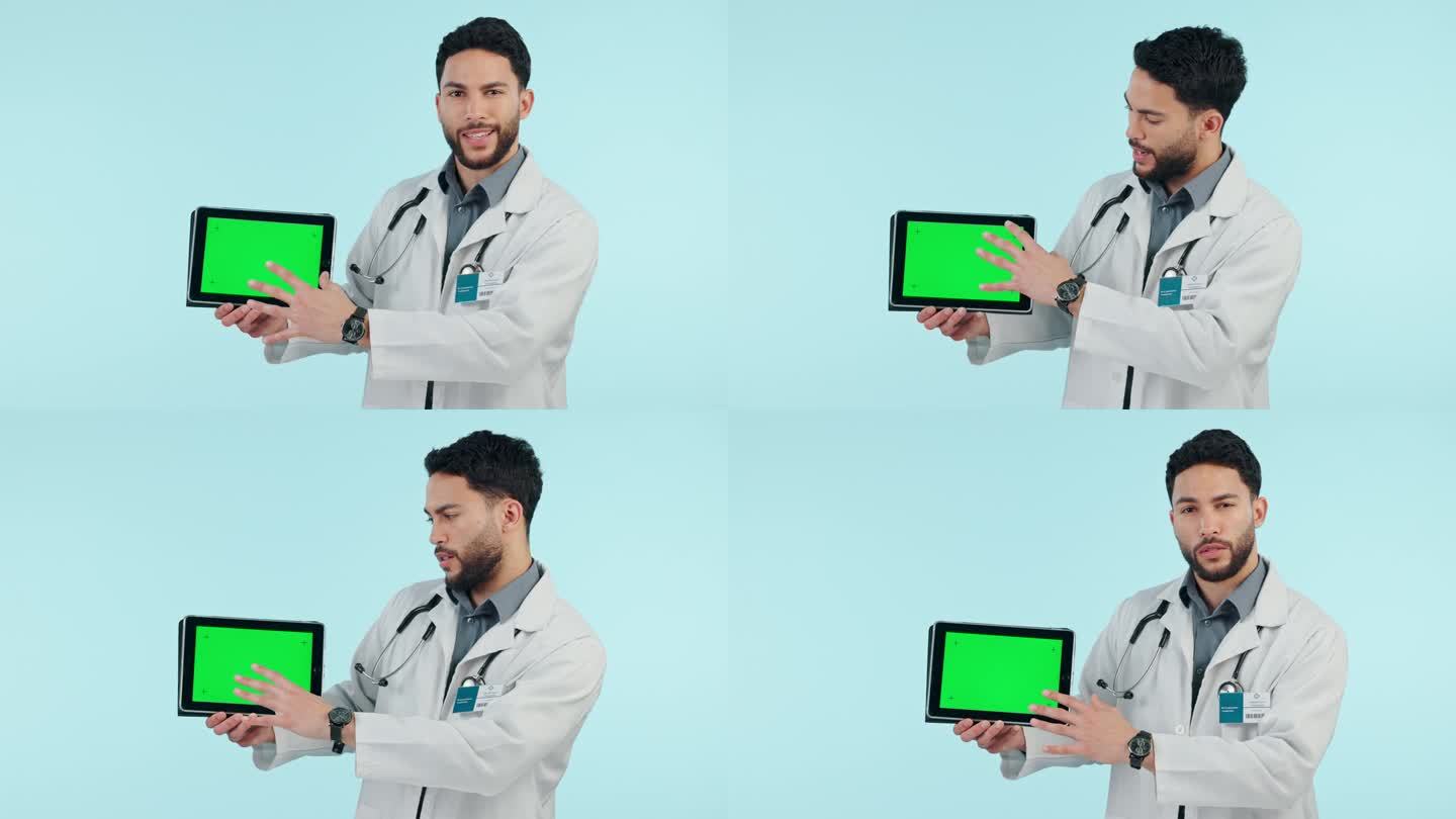 医生，平板电脑绿色屏幕和演示，谈论医疗保健信息，建议或咨询工作室。数字模型上的医务人员的脸，软件和蓝