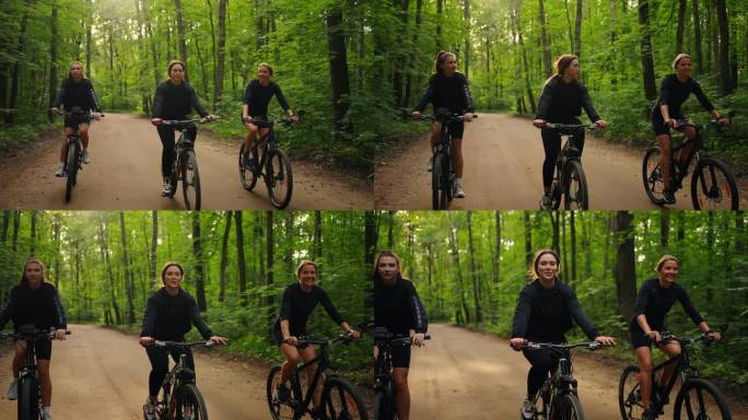 三个快乐的女人在大自然骑自行车，一群女运动员在森林里骑自行车