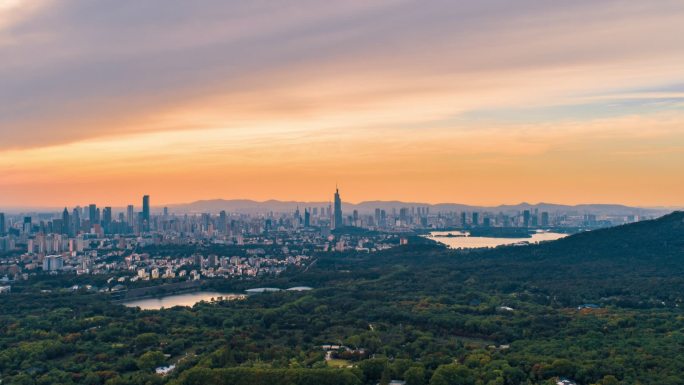 南京紫金山瞰市区日落 航拍延时