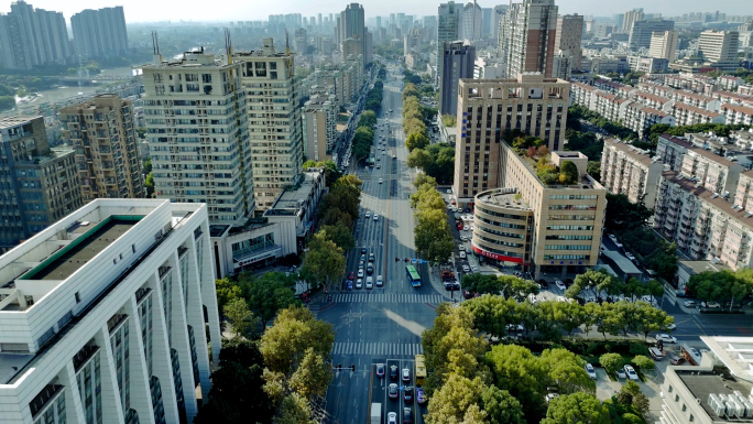 城市航拍，城市交通，白鸽飞过，城市上空