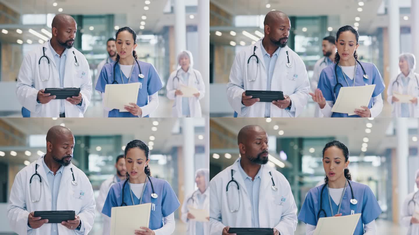 药片，报告和护士在医院大厅向医生咨询团队手术，药物或健康保险。团队合作，女性和黑人男性用信息、文件或