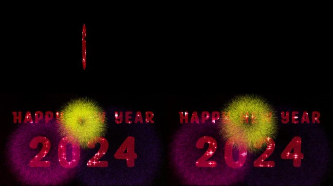 新年快乐2024动画由alpha通道隔离(透明背景)。倒计时从10到0与红色闪烁的数字。烟花动画伴2