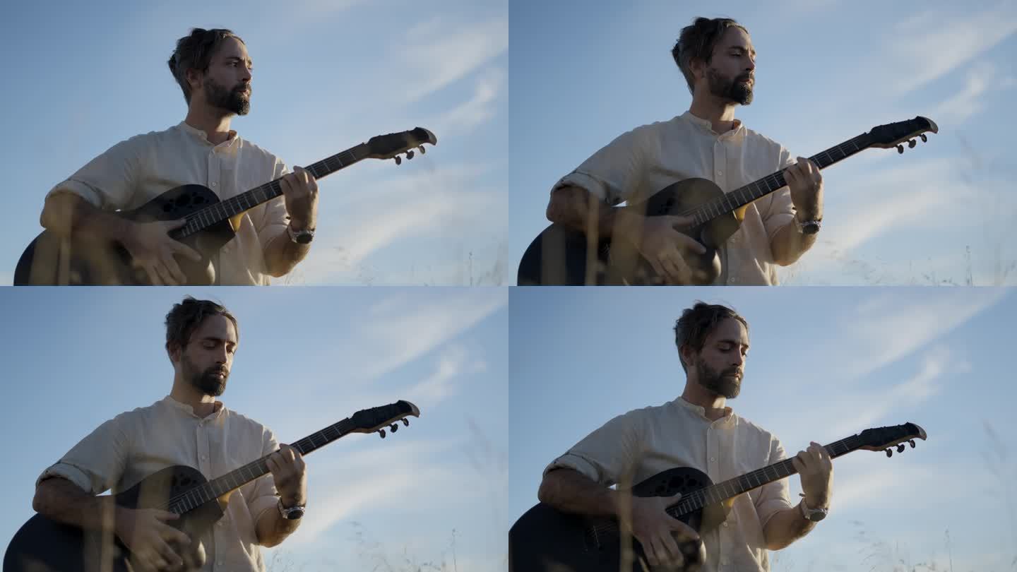西班牙大胡子男子吉他手演奏原声吉他和唱情歌蓝天背景
