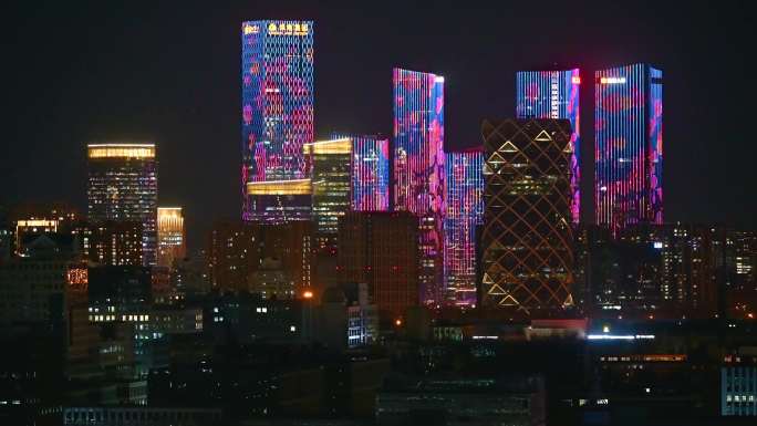 北京望京CBD建筑群夜景灯光秀
