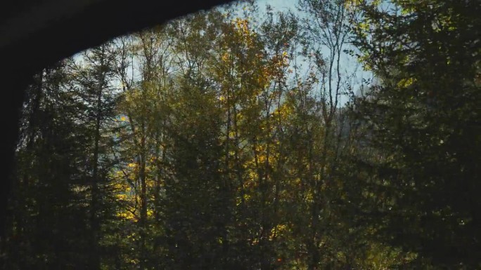 在秋天的公路旅行中，透过车窗可以看到巴伐利亚阿尔卑斯山