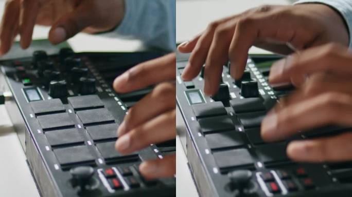 男子双手使用控制台垂直特写。未知的dj按下按钮混合歌曲