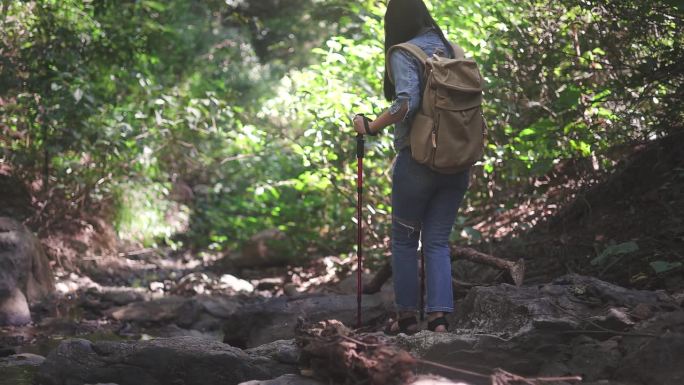 徒步旅行者有吸引力的快乐的年轻女孩背着背包在山上徒步旅行，周围都是令人惊叹的风景
