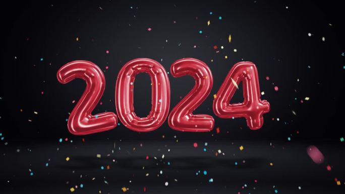 2024年新年。黑色背景上漂浮的氦气球。用五彩纸屑弹出红色的数字箔。水平的。