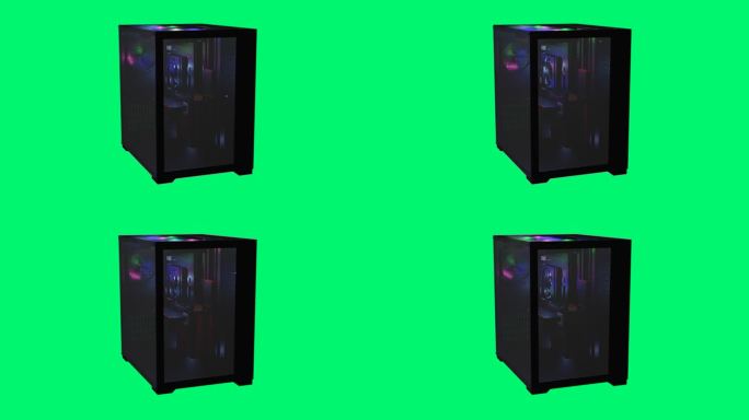 3d渲染的黑色电脑机箱配有4个壮观的风扇和RGB照明，本视频以绿色背景为特色。