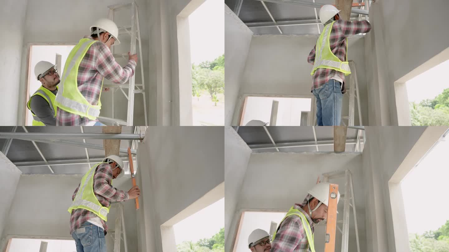 亚洲男子建筑监理工人为雇员扶梯子工程师爬上去取下量尺测量墙的高度两人都戴着白色安全帽。