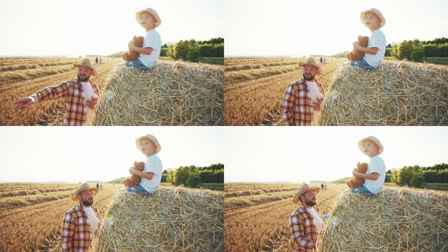 一个人站在麦田里，指着麦田里美丽的夏日大自然。男孩坐在干草堆上，看着远处，手里拿着玩具泰迪熊。亲子休