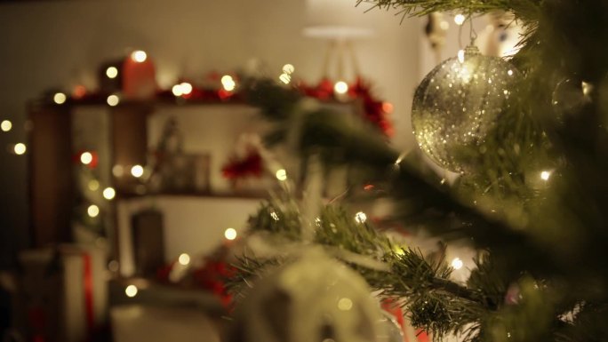 房子装饰着彩灯，圣诞树上挂满了球
