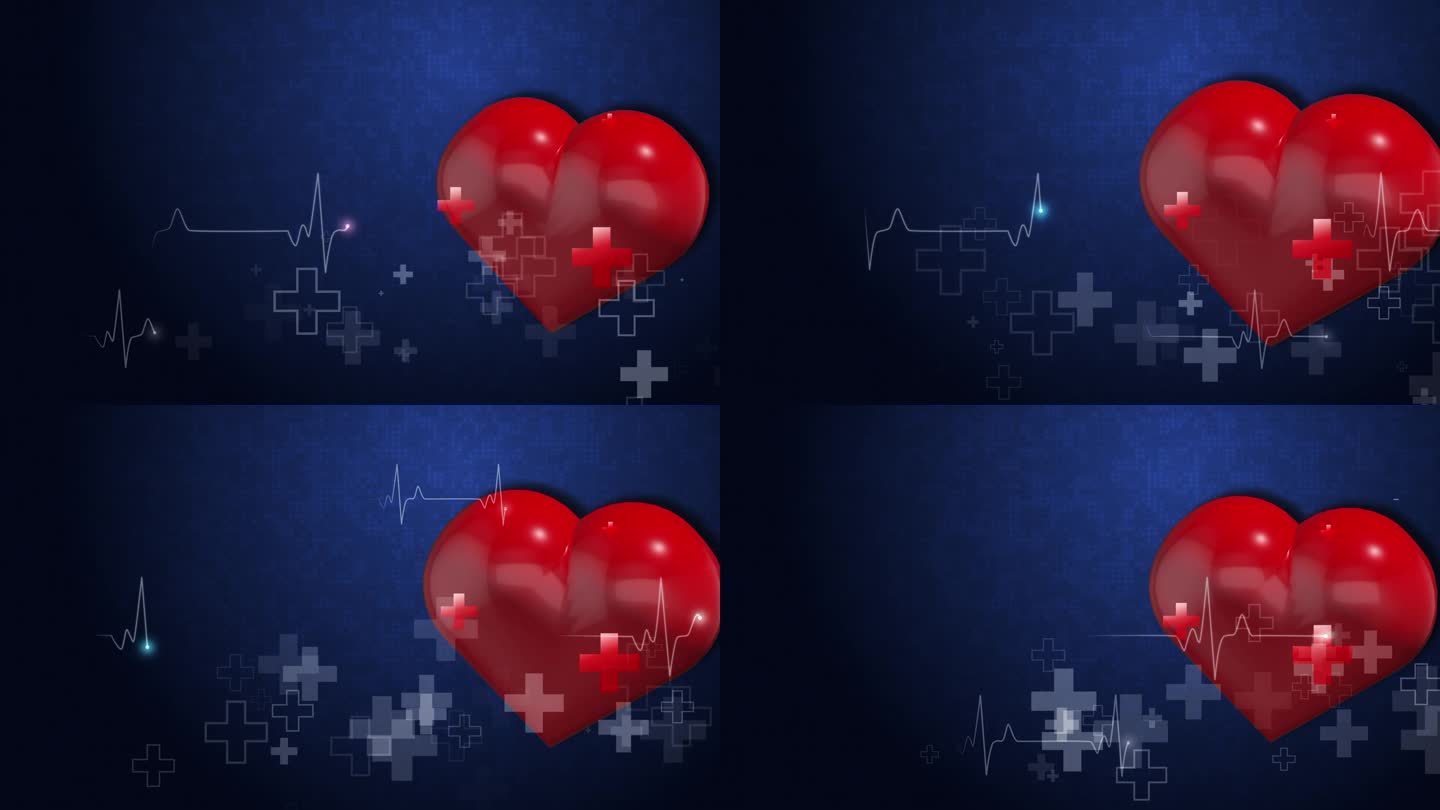大红色搏动3D心脏医学符号。十字，蓝色环状背景上的心电图线。副本的空间,