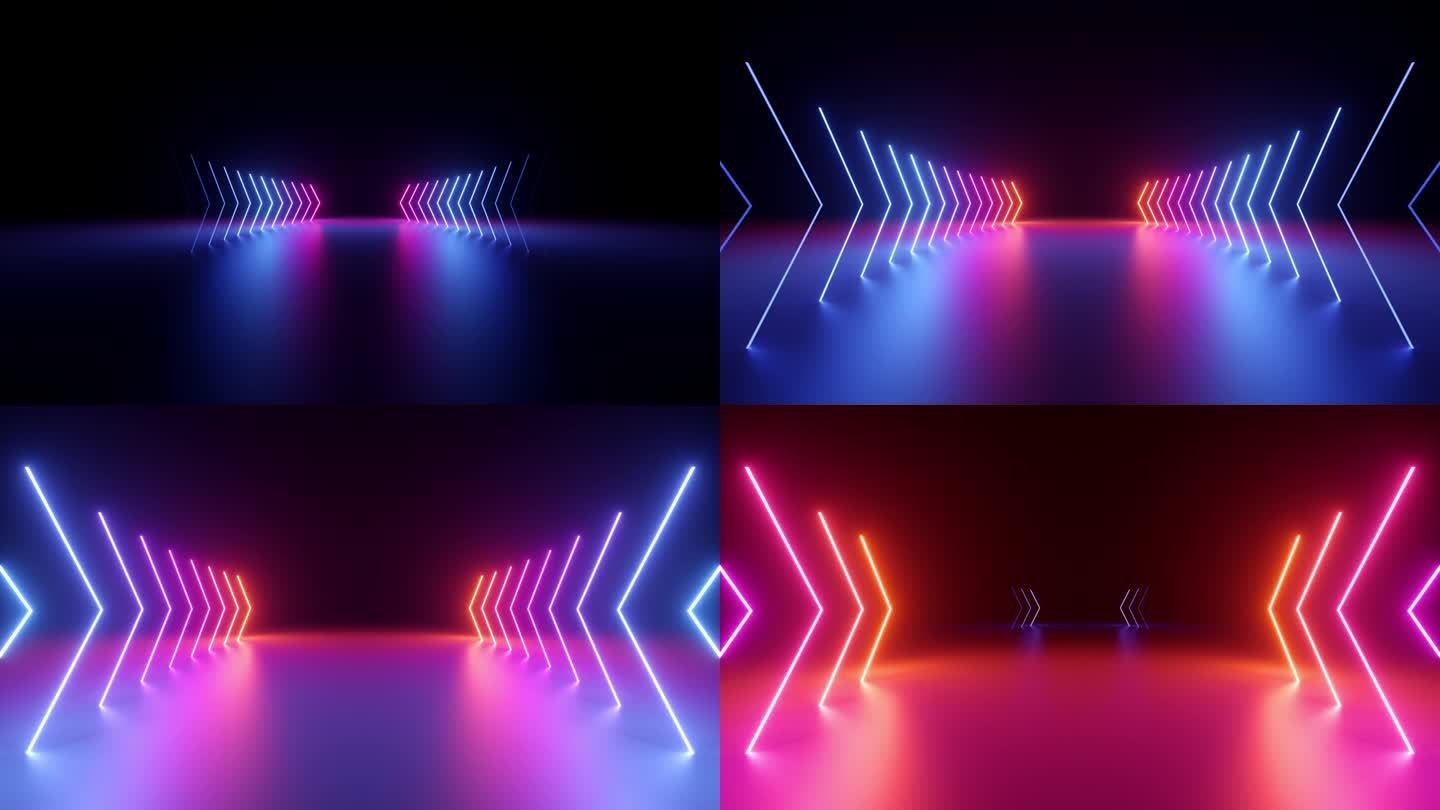 循环3d动画，抽象极简几何背景。蓝粉红色闪烁的霓虹计数器箭头接近，线性图形导致中心。反对派的概念