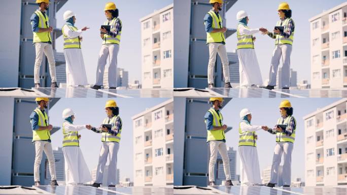 工程团队，与太阳能板安装，环保协议或屋顶上的感谢握手，技术员，经理或一群人与光伏电网成功握手