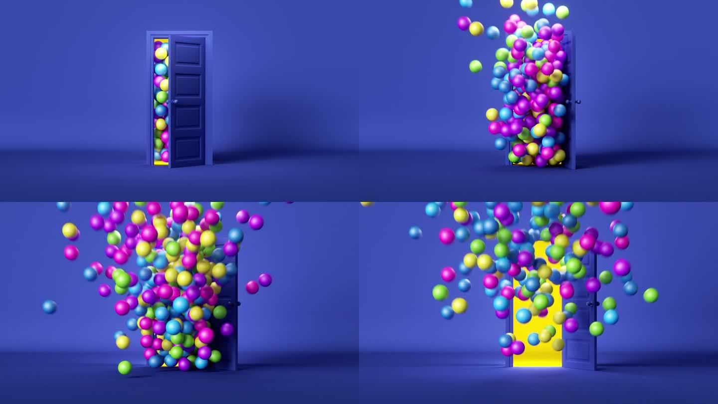 抽象的蓝色背景与彩色球打破打开的门和飞起来。派对或庆典的3D动画。发布或展示概念