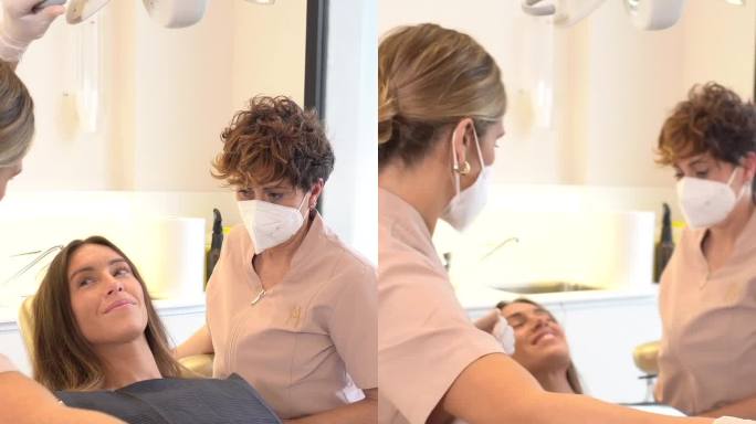 牙科医生和助手在诊所的椅子上检查病人的口腔