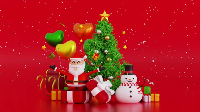 圣诞老人带雪橇靠近雪人和圣诞树礼盒，新年快乐和圣诞快乐贺卡，3D渲染。