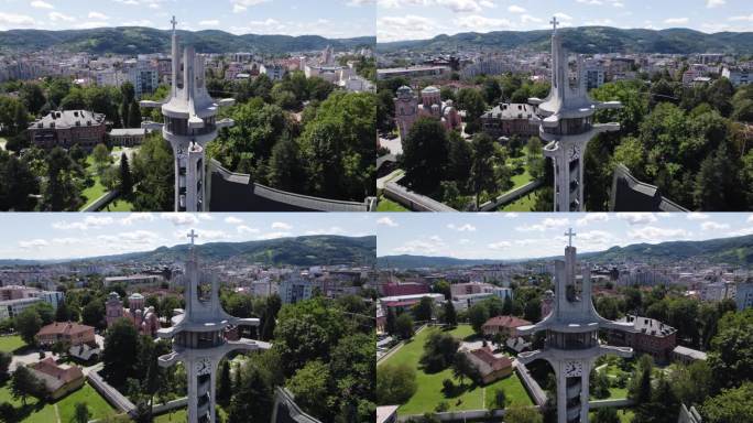 航拍全景:波斯尼亚巴尼亚卢卡圣博纳旺图尔大教堂尖顶