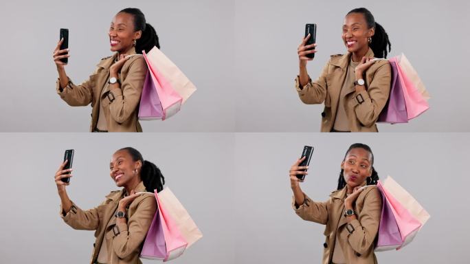 女性、自拍和购物袋，用于社交媒体营销、商业和影响者博客。快乐的非洲人或客户在个人资料图片和美容包出售