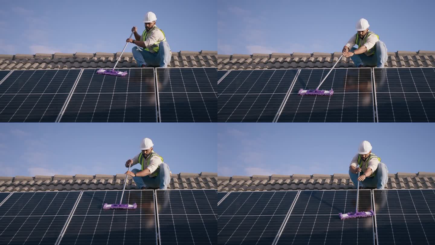 清洁屋顶太阳能板，维护可再生能源或电力。工程师，人拖地光伏电池和灰尘，污垢和提高性能，电力生产和服务
