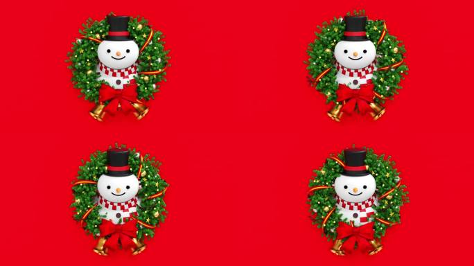 雪人在圣诞花环与蝴蝶结和丝带的小玩意，庆祝圣诞快乐和新年快乐的节日，3D渲染。