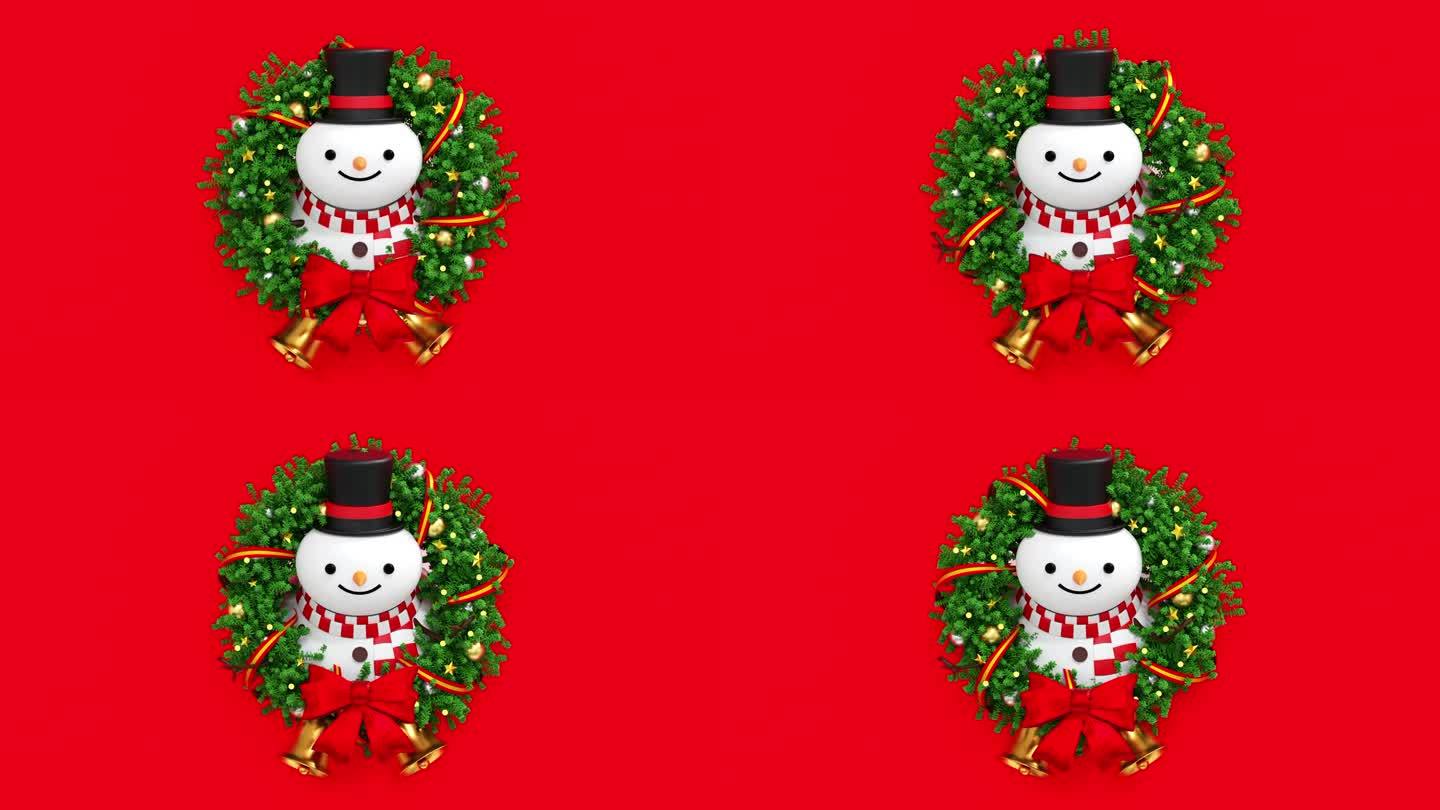 雪人在圣诞花环与蝴蝶结和丝带的小玩意，庆祝圣诞快乐和新年快乐的节日，3D渲染。