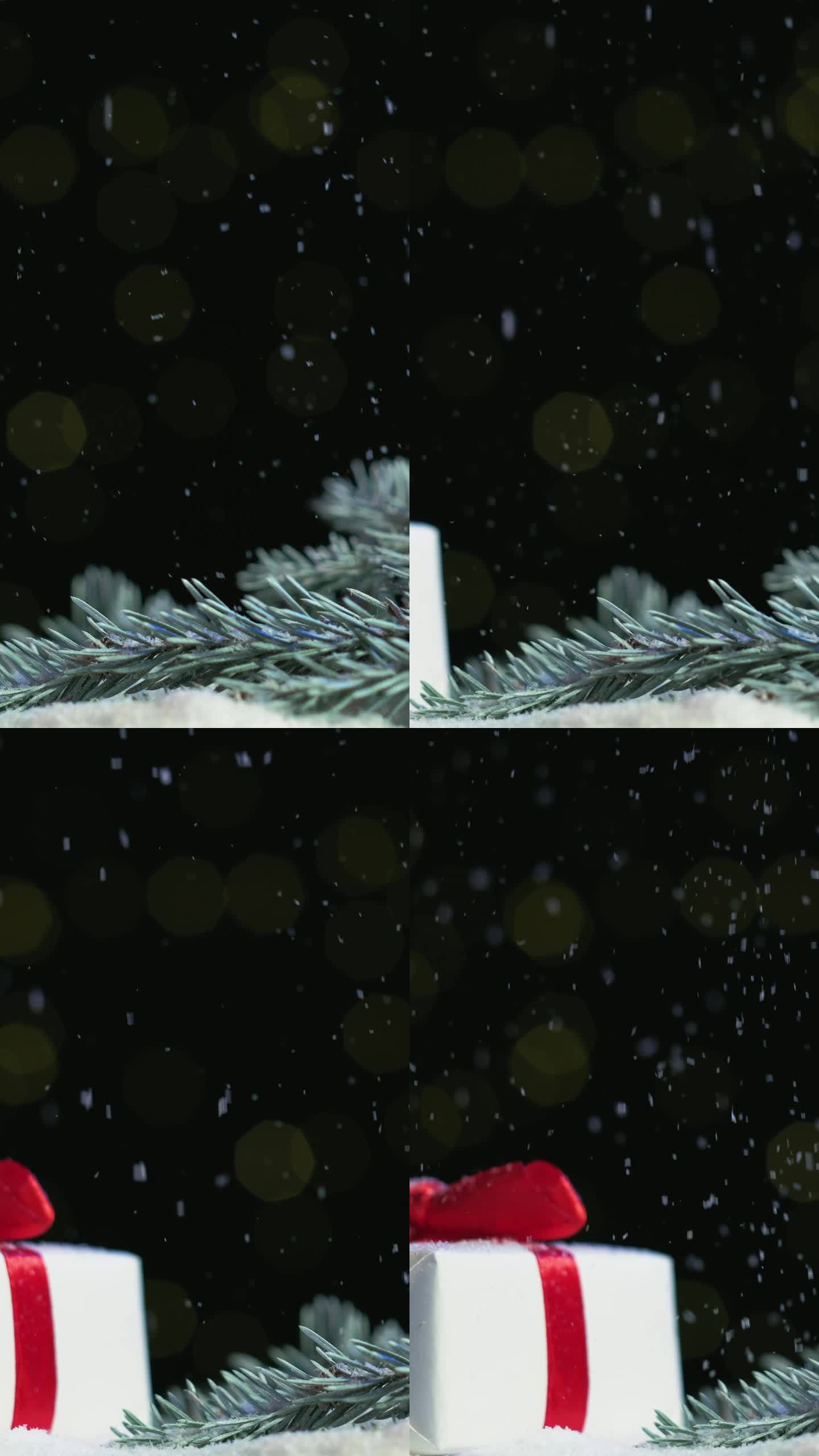 垂直圣诞装饰礼盒彩带冷杉树雪