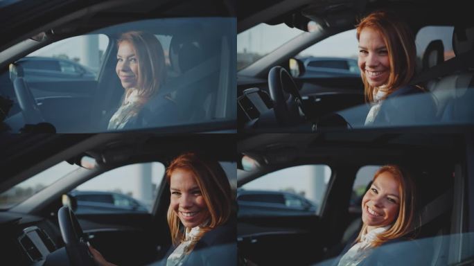 肖像微笑的女人打开停放的车窗