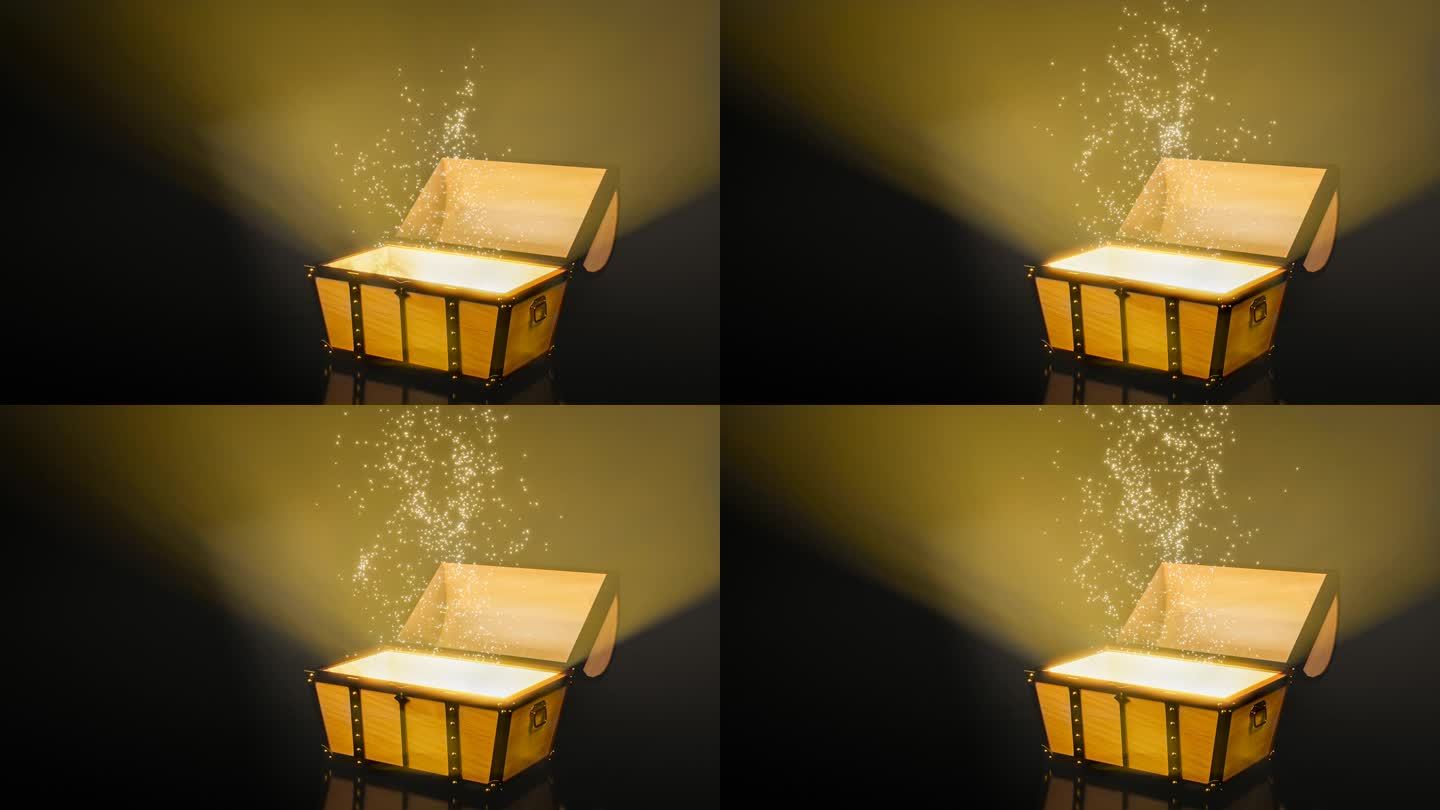 宝箱的盖子打开了，一束金光从里面照了出来。梦幻宝盒兴奋照明。3D渲染。