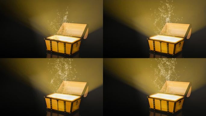 宝箱的盖子打开了，一束金光从里面照了出来。梦幻宝盒兴奋照明。3D渲染。