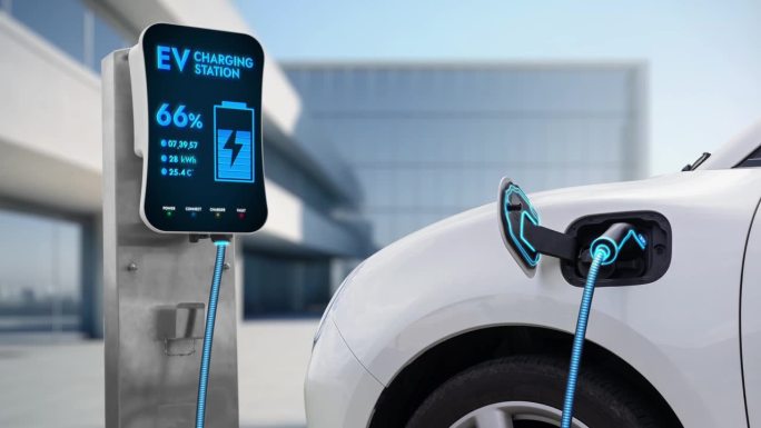 电动汽车充电到未来的充电站。细读