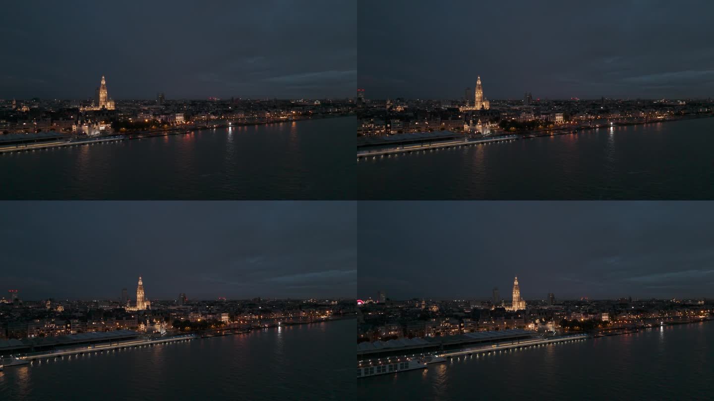 比利时安特卫普欧洲城市夜景航拍安特卫普夜