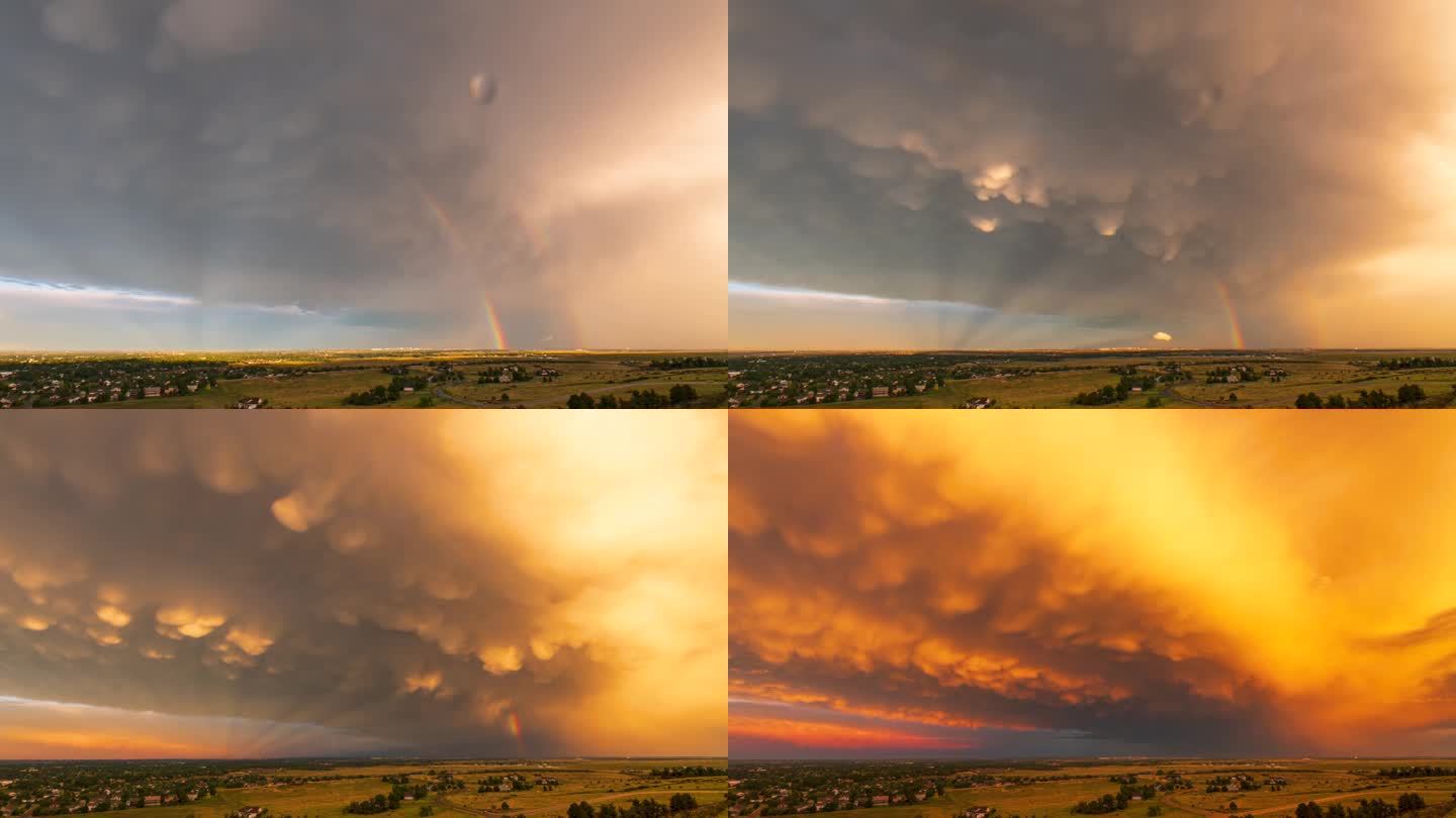 在科罗拉多州的柯林斯堡，一道美丽的彩虹从一场雷雨中延伸下来。