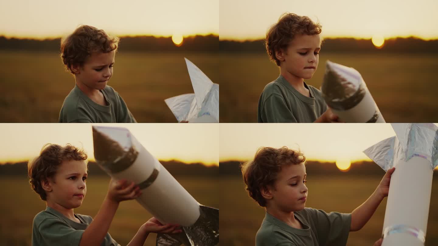 夏日傍晚，白种人小男孩在户外玩手工制作的火箭玩具