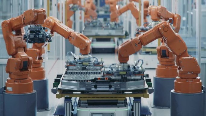 橙色机械臂自动化生产线的延时拍摄。用于汽车工业组装的电动汽车电池组。电动汽车智能工厂。配备机械臂的电