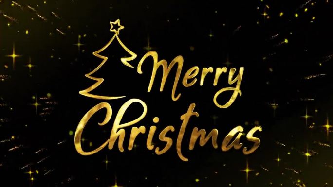 圣诞快乐，黑色背景上的金色文字。文字从烟火中出现。背景中的粒子和明亮的星星。假期的概念。