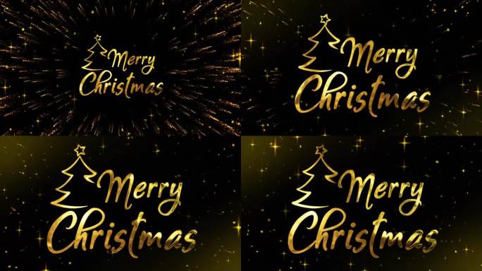 圣诞快乐，黑色背景上的金色文字。文字从烟火中出现。背景中的粒子和明亮的星星。假期的概念。