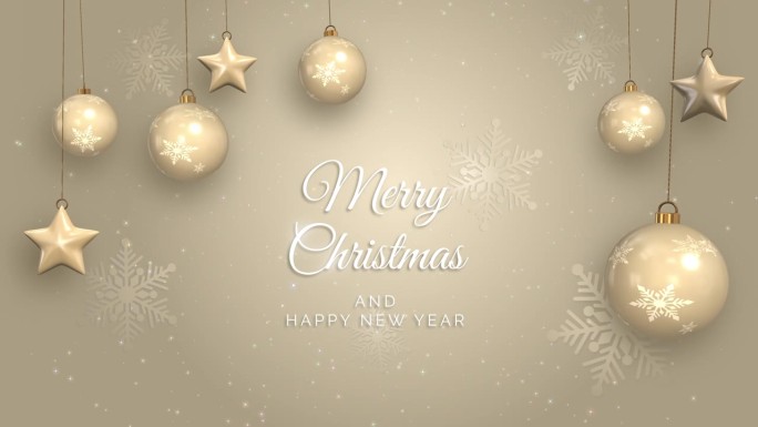 圣诞快乐，新年文字动画与节日3D装饰米色背景。闪亮的粒子。循环运动图形。