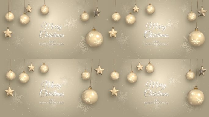 圣诞快乐，新年文字动画与节日3D装饰米色背景。闪亮的粒子。循环运动图形。
