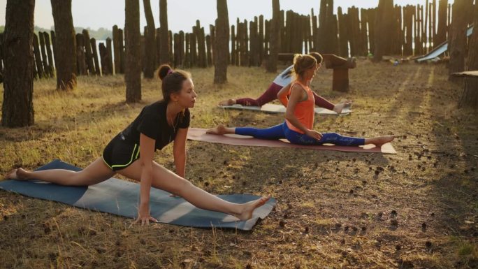 瑜伽课上的伸展运动，女性的劈叉运动，早上在大自然中的集体健身课