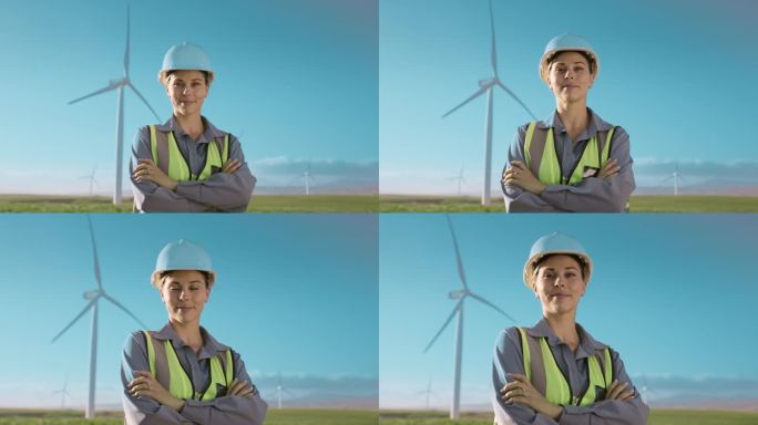 双臂交叉，风力涡轮机和农场妇女的脸，用于维护，可再生能源和可持续发展。电力，农业和环保人物画像，检查