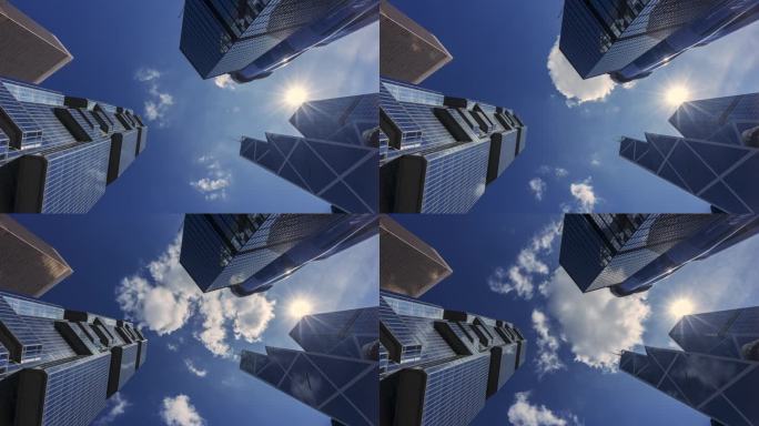 延时拍摄的低角度香港摩天大楼蓝天